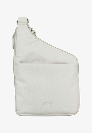 Sac bandoulière en tissu gris clair avec poche avant, fermeture éclair et sangle réglable, marqué d'un logo "Jost" discret.