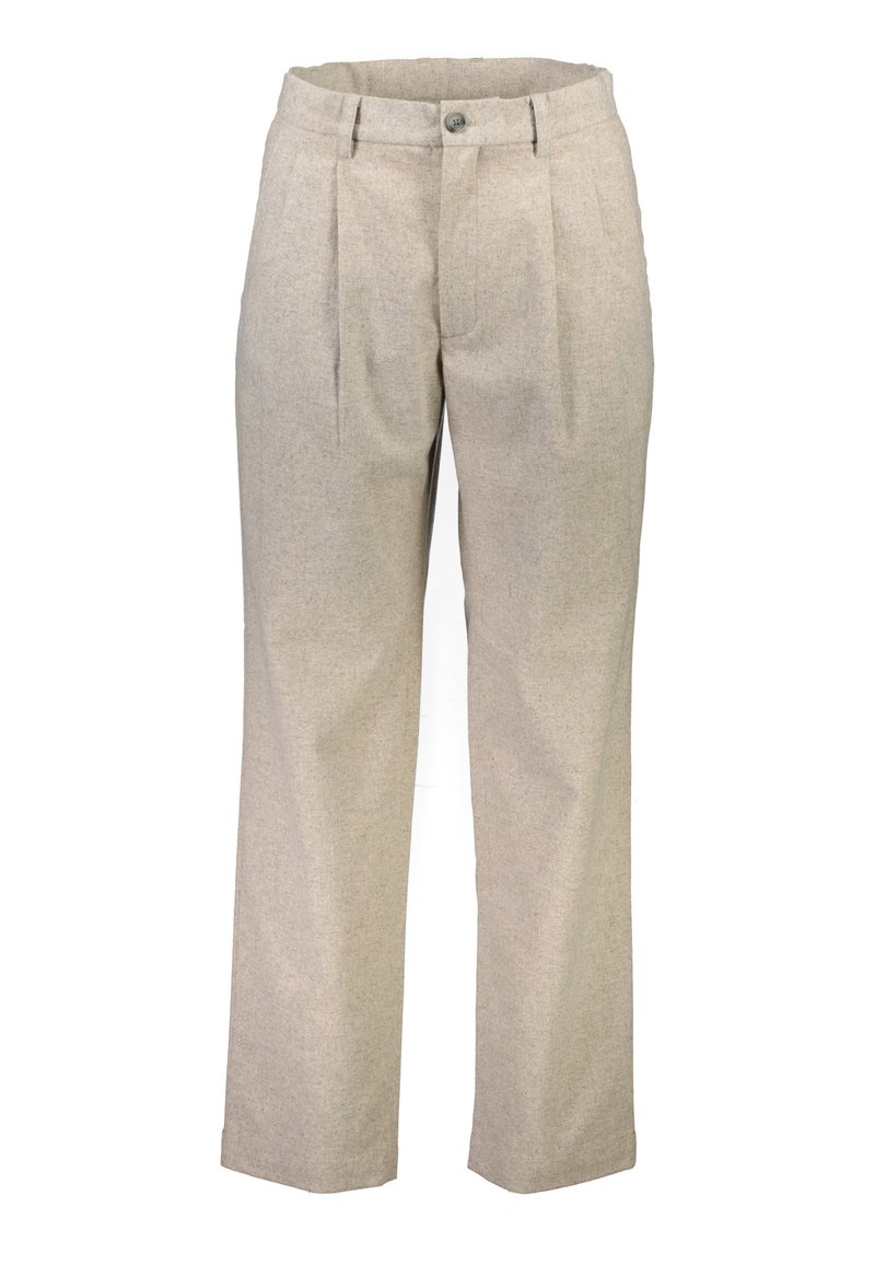 Pantalones de color beige claro, hechos de una tela texturizada con un corte relajado, que incluyen pliegues, un cierre de botón y una cinturilla.