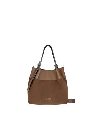 Bruine leren en suède handtas met dubbele handvatten, een zijriem en een klein metalen logo aan de voorkant.