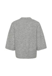 Grijze gebreide trui met een cropped snit, brede mouwen en geribbelde zoom. Zachte textuur met een subtiel gemêleerd patroon, geschikt voor het combineren.