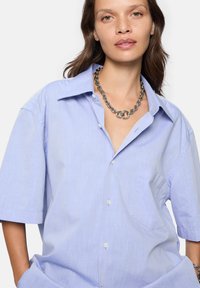 Camicia button-up azzurra chiara a maniche corte con una vestibilità rilassata, caratterizzata da un colletto a punta e una texture sottile. Collana in argento come accessorio.