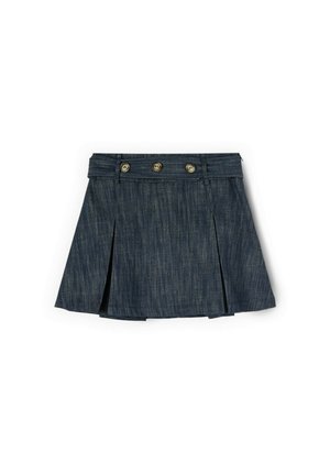 Mørkeblå denim mini nederdel med tre knapper foran og plisseringer på hver side.