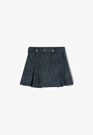 Mørkeblå denim mini nederdel med tre knapper foran og plisseringer på hver side.