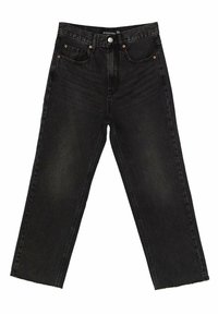 Jean en denim noir avec une coupe évasée, cinq poches et des ourlets effilochés. Présente une fermeture classique à bouton et zip avec des coutures contrastées.