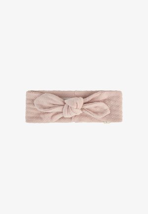 Soft pink textured fabric headband with a knotted bow detail in the center, designed for infants or young children.