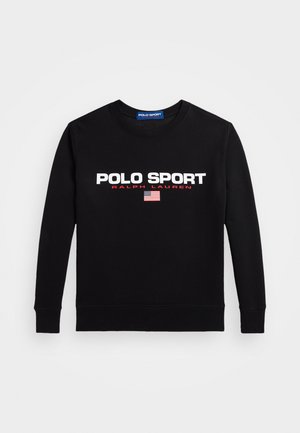 Sudadera negra de algodón con mangas largas, puños acanalados y cuello redondo. En el frontal presenta un bold "POLO SPORT" y un gráfico de la bandera americana.