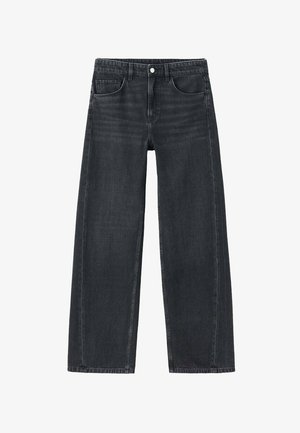 Wide-leg jeans in dark gray denim. Features front pockets and a classic five-pocket design. Button fly and subtle fading details.