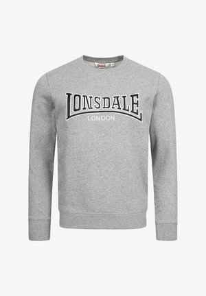 Szürke, nyakánál kerek szabású pulóver bordázott mandzsettával és szegéllyel, nagy fekete betűkkel "LONSDALE" felirattal, alatta kisebb fehér betűkkel "LONDON".