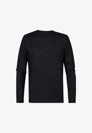 Pull gris foncé en tissu tricoté avec un motif texturé. Dispose d'un col rond et de manches longues. Les bords sont légèrement côtelés.