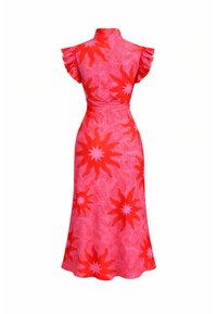 Robe midi à motifs floraux rouges et roses avec manches courtes à volants et col montant, taille cintrée et jupe évasée.