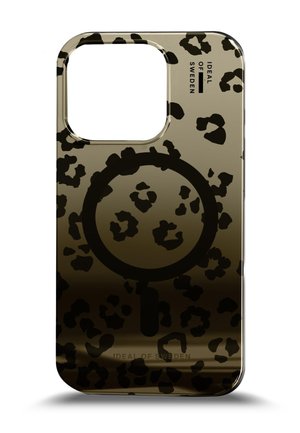 Black leopard print phone case with glossy finish, cutout for camera, and embossed branding "IDEAL OF SWEDEN" on the back.