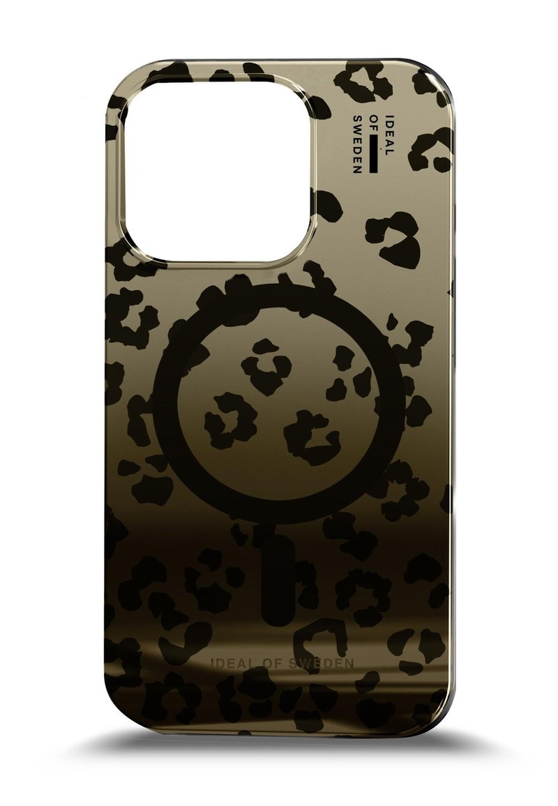 Husă de telefon cu imprimeu leopard negru, cu finisaj lucios, decupaj pentru cameră și brand embossat "IDEAL OF SWEDEN" pe spate.