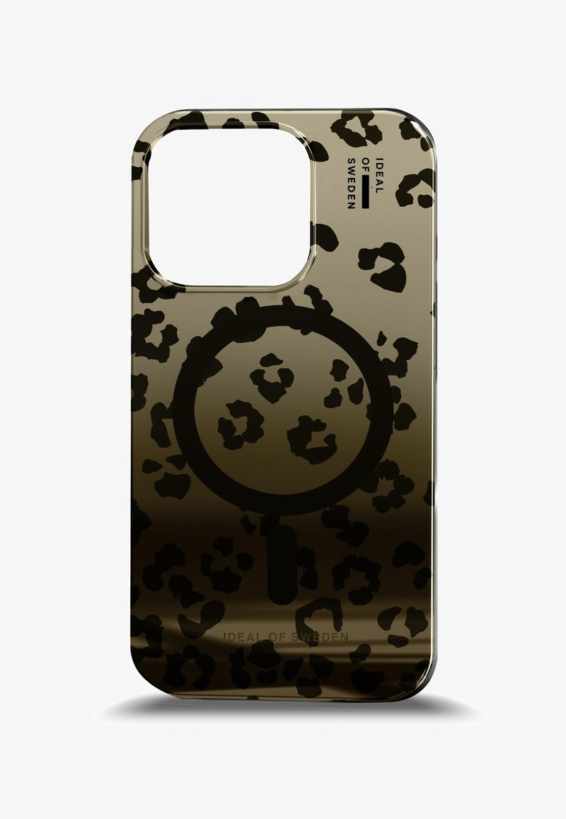 Husă de telefon cu imprimeu leopard negru, cu finisaj lucios, decupaj pentru cameră și brand embossat "IDEAL OF SWEDEN" pe spate.