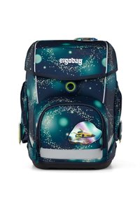 Ergobag-Rucksack in Dunkelblau mit einem Sternenmuster. Verfügt über reflektierende Streifen, eine Vordertasche und einen bunten, glänzenden Akzent an der Seite.