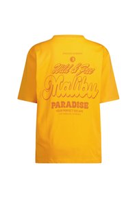 Yellow cotton t-shirt with short sleeves, featuring a retro-style graphic in orange text on the back, including "Malibu" and "Endless Summer."