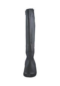 Black knee-high boot made of smooth material with a fitted silhouette, rounded toe, and side zipper closure. Smooth texture throughout.