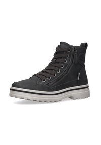 Dunkelgraue High-Top-Stiefel aus Wildleder mit einem seitlichen Reißverschluss, runden Schnürsenkeln und einer robusten Gummisohle mit strukturiertem Profil.