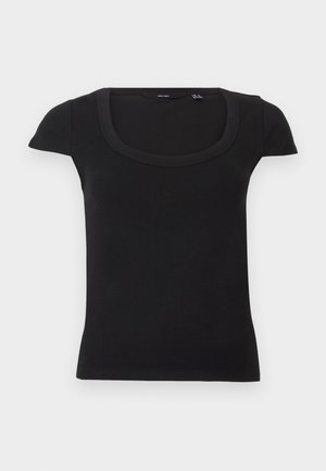 Haut noir en maille côtelée à manches courtes avec encolure carrée et silhouette ajustée, posé à plat sur un fond uni.