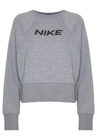 Felpa Nike grigia a maniche lunghe con polsini e orlo a coste, caratterizzata dal nome del marchio stampato in nero sulla parte anteriore.