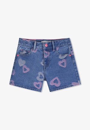 Denimshorts med hjertemønster i rosa og blått, femlommersdesign og frontknapping med en kontrasterende knappedetalj.