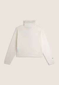 Sweatshirt blanc avec un col montant, des manches longues et un design court. Doté d'un détail logo sur une manche. Texture lisse.