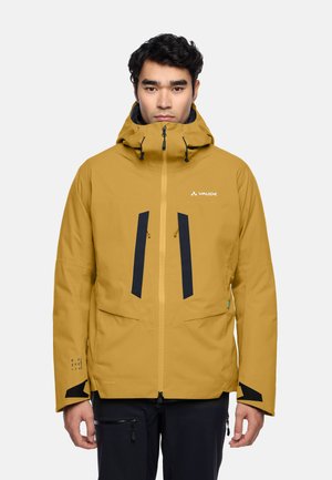 Yellow waterproof jacket featuring large blue accents, a high collar, adjustable hood, and front zip pockets. Made with recycled materials.