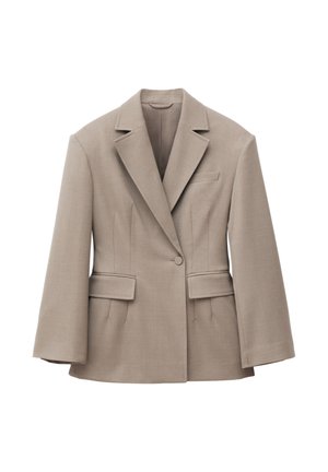 Beiger, maßgeschneiderter Blazer mit breiten Revers, einem einzelnen Vorderknopf, zwei Pattentaschen und einer Brustleistentasche, entworfen für eine strukturierte Passform.