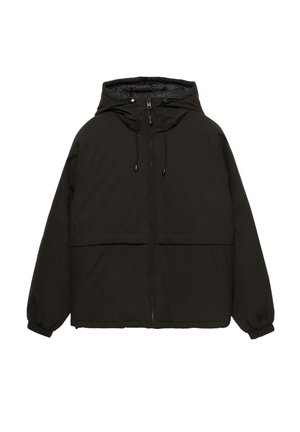 Crna jakna s kapuljačom i patentnim zatvaračem, elastičnim manšetama i jednostavnom, glatkom teksturom. Ima prednji džep i opušteni kroj.