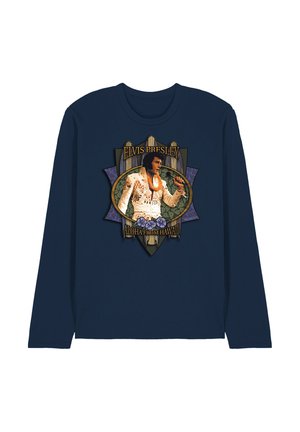 Marineblaues Langarmhemd mit Grafik von Elvis Presley im weißen Overall, der ein Mikrofon hält, Text "Elvis Presley Aloha from Hawaii" und Blumenmuster.