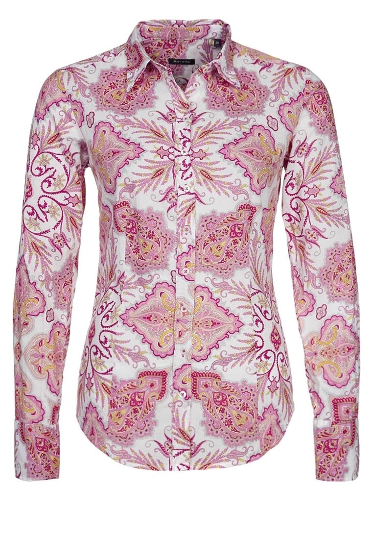 Camicia a maniche lunghe con un vivace motivo paisley rosa e giallo su sfondo bianco, dotata di colletto e chiusura con bottoni.