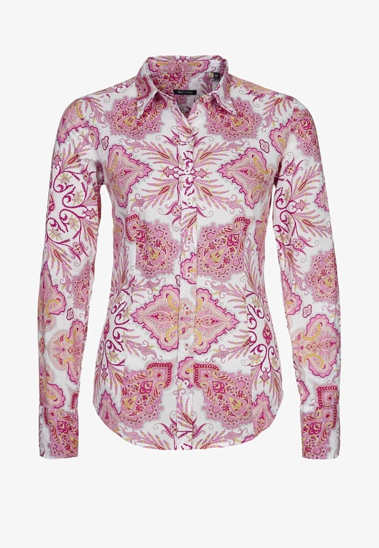Camicia a maniche lunghe con un vivace motivo paisley rosa e giallo su sfondo bianco, dotata di colletto e chiusura con bottoni.