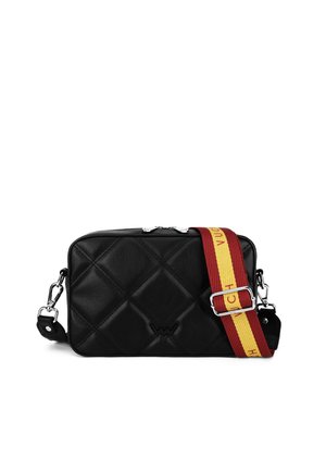 Black quilted leather crossbody bag with a patterned red and yellow adjustable strap and silver hardware accents. Features a branded logo on the front.