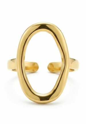 Bague réglable ouverte en forme ovale couleur or avec une surface lisse et polie sur fond blanc.