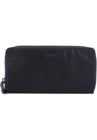 Zippered black leather wallet with a smooth texture, rectangular shape, and subtle brand embossing on the front.