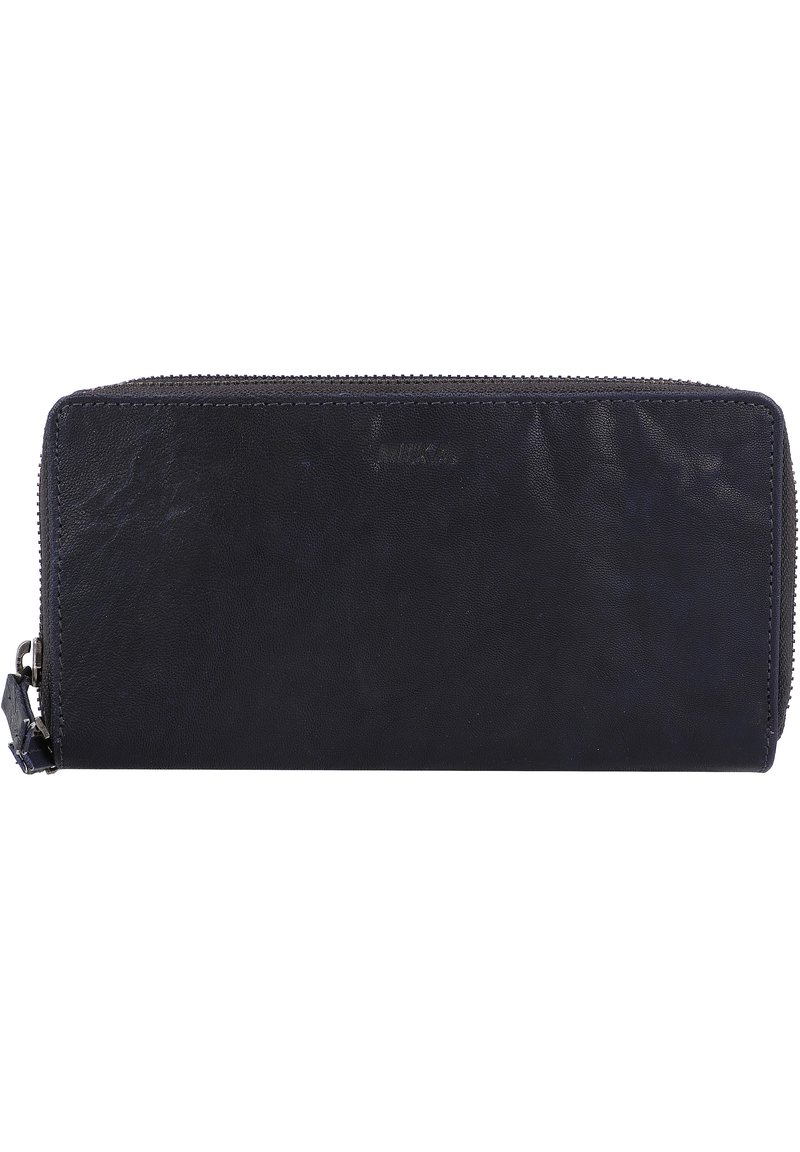 Zippered black leather wallet with a smooth texture, rectangular shape, and subtle brand embossing on the front.