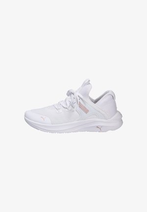 White athletic shoe with mesh upper, textured design, pink accents, and cushioned sole. Features laces and a logo on the side.