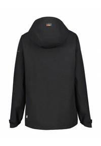 Veste noire imperméable avec capuche, offrant une coupe décontractée, des poignets réglables et un logo au dos. Texture et design simples et lisses.
