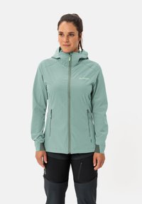 Light green outdoor jacket with a full zipper, adjustable hood, two zippered pockets, and elastic cuffs for better fit.
