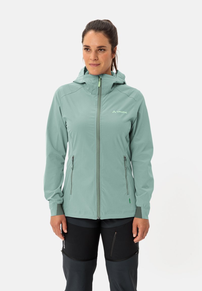 Light green outdoor jacket with a full zipper, adjustable hood, two zippered pockets, and elastic cuffs for better fit.