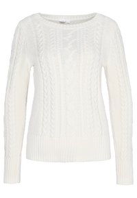Pull en tricot blanc avec motifs torsadés, encolure ronde et poignets côtelés. Texture douce, manches longues et coupe décontractée.