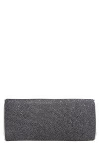 Haut-parleur portable sans fil rectangulaire avec un revêtement en tissu gris foncé et des bords argentés sur fond blanc.