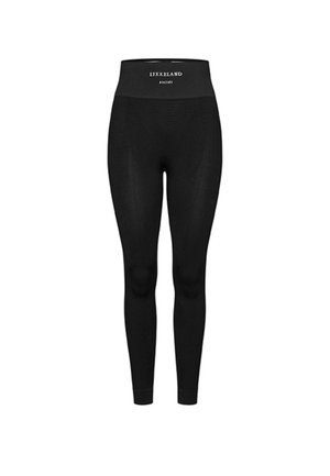 Schwarze hoch taillierte, knöchellange Leggings mit nahtlosem Design und "LYKKELAND"-Markenaufdruck am Bund.