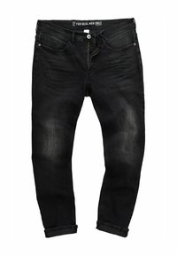 Jeans in denim nero con taglio dritto, cinque tasche e orlo arrotolato. Presentano una chiusura con bottone e un'etichetta con il marchio sulla cintura.