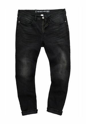 Jeans de mezclilla negra con corte recto, cinco bolsillos y dobladillo enrollado. Cuenta con un cierre de botón y una etiqueta de marca en la cintura.