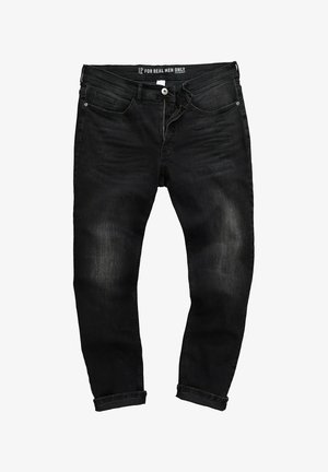 Sorte denim jeans med lige ben, fem lommer og en opsmøgning. Har en knaplukning og et mærket bæltetag.