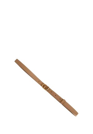 Cintura in pelle colorata cuoio con profilo sottile, dotata di una fibbia decorativa color oro e di più fori per la regolazione della misura lungo tutta la lunghezza.
