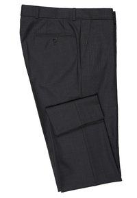 Dunkelgraue, maßgeschneiderte Hose mit flacher Front, gebügelten Beinen, Gesäßtasche mit Knopf und umgenähten Bündchen. Hergestellt aus glattem, leichtem Stoff.