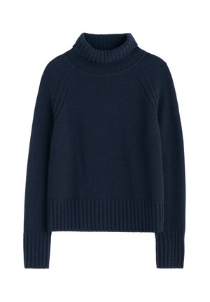 Maglione blu navy con colletto a imbuto a coste, spalle scese e orlo a coste. Realizzato in un tessuto morbido con una vestibilità comoda e una trama liscia.