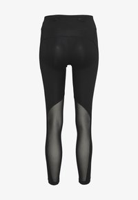 Czarne leginsy z elastycznej tkaniny, z wysokim stanem, panelami z siateczki po bokach oraz dopasowanym krojem.