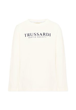 Maglietta bianca a maniche lunghe con scollo a girocollo e testo nero "TRUSSARDI GENTLE SOCIETY" centrato sul petto.